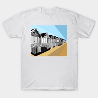 Mersea Island, Essex, Beach Huts, Black and White T-Shirt